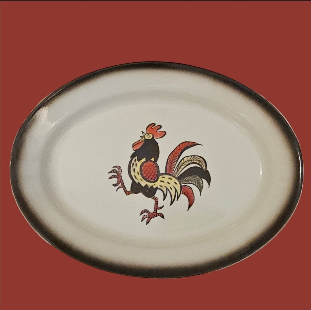 Vintage Metlox Poppytrail Red Rooster Large Oval Serving Platter USA Farmhouse - Picture 2 of 13